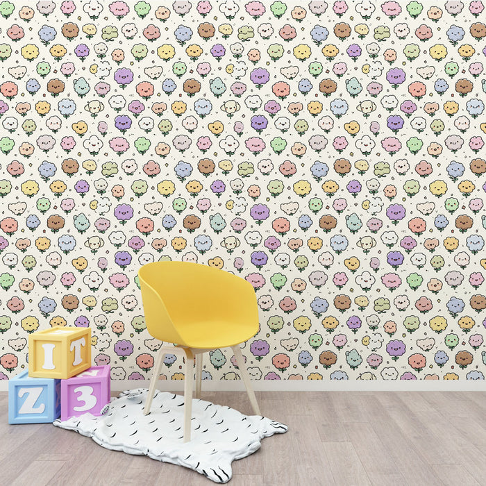Une chambre d'enfant avec un papier peint ludique aux motifs de nuages colorés sur fond clair, créant une atmosphère joyeuse et accueillante.
