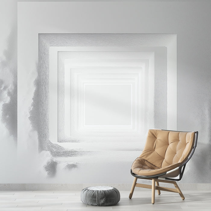 Papier peint minimaliste avec motif géométrique en relief sur fond blanc pour salon moderne.