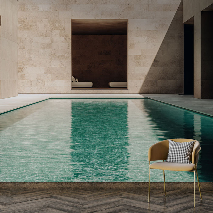 Une pièce moderne avec un papier peint représentant une piscine turquoise entourée de murs en pierre, évoquant une ambiance zen et relaxante.