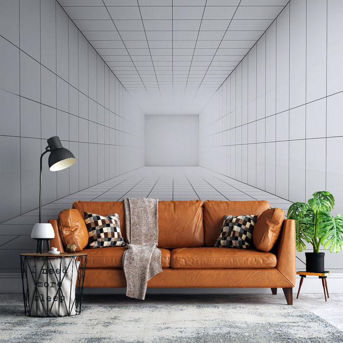 Papier peint minimaliste avec motifs géométriques blancs et noirs pour salon moderne.