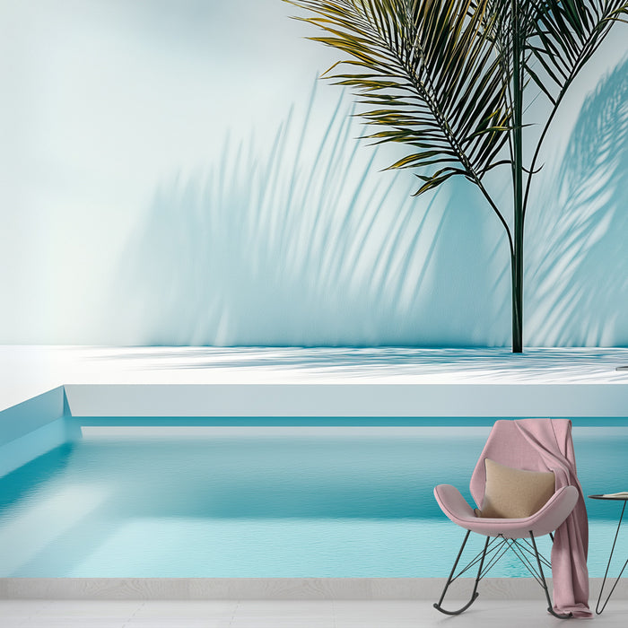 Une pièce moderne avec un papier peint tropical bleu clair illustrant des ombres de palmiers, créant une ambiance apaisante et estivale.