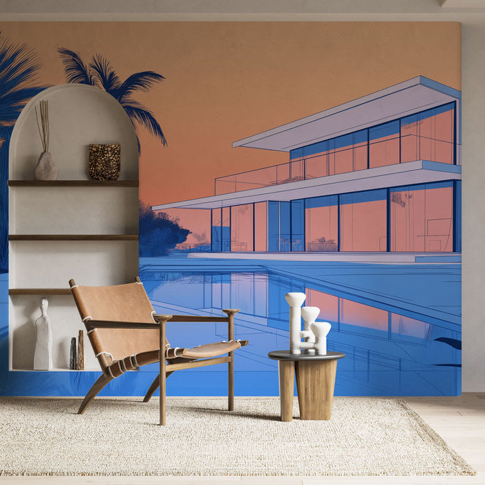 Une pièce moderne avec un papier peint illustrant une villa contemporaine aux lignes épurées, dans des teintes de bleu et de rose évoquant une ambiance sereine et stylisée.