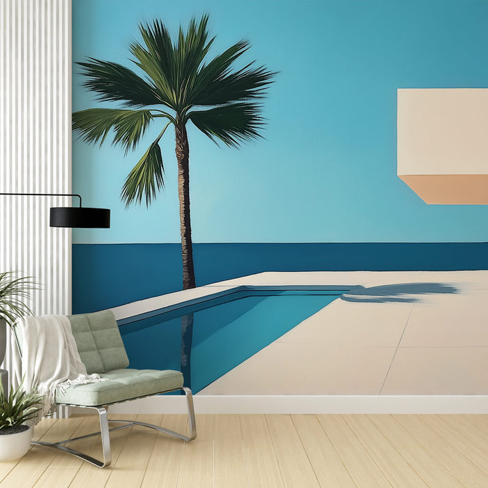 Une pièce moderne avec un papier peint évoquant une scène de bord de mer, représentant un palmier sur fond bleu et une piscine, créant une atmosphère relaxante et estivale.