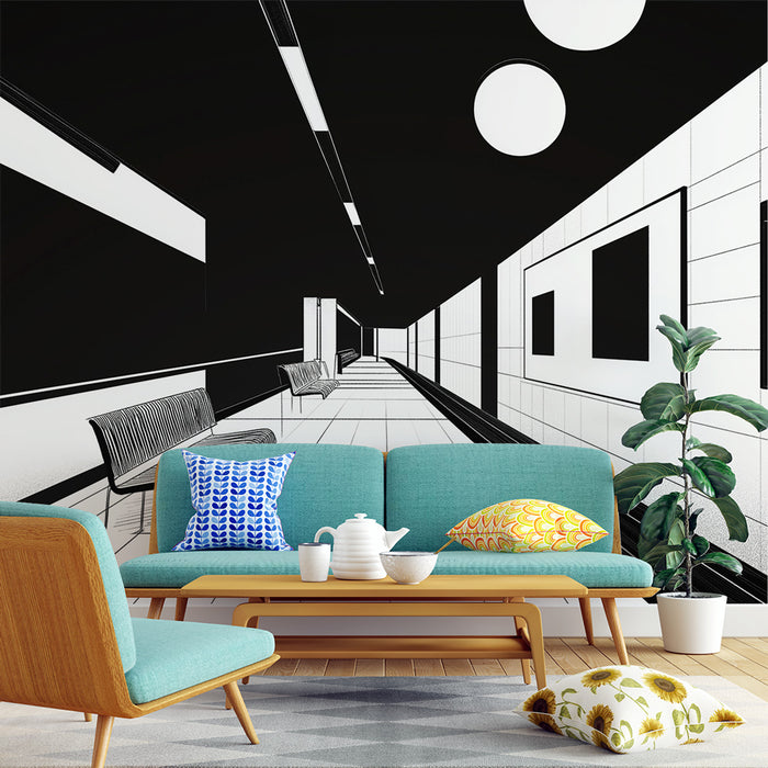 Une pièce moderne avec un papier peint graphique noir et blanc représentant un couloir stylisé, créant une ambiance futuriste et minimaliste.