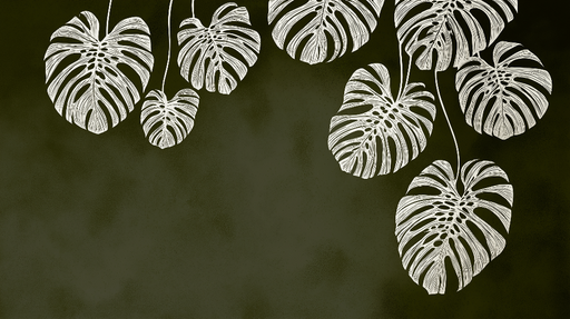 Papier peint monstera Feuilles blanches délicates sur fond vert foncé