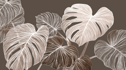 Papier peint monstera Feuilles de monstera stylisées sur fond marron