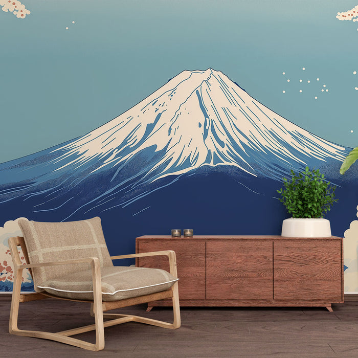 Une pièce moderne avec un papier peint représentant le Mont Fuji stylisé sur fond dégradé bleu, évoquant une atmosphère sereine et inspirante.