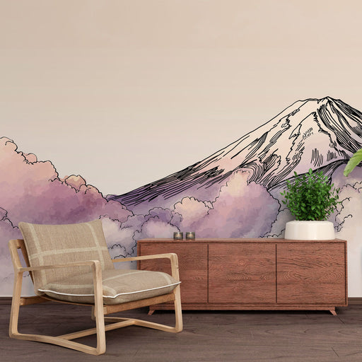Une pièce moderne avec un papier peint représentant une montagne stylisée entourée de nuages pastel, créant une atmosphère apaisante et contemplative.