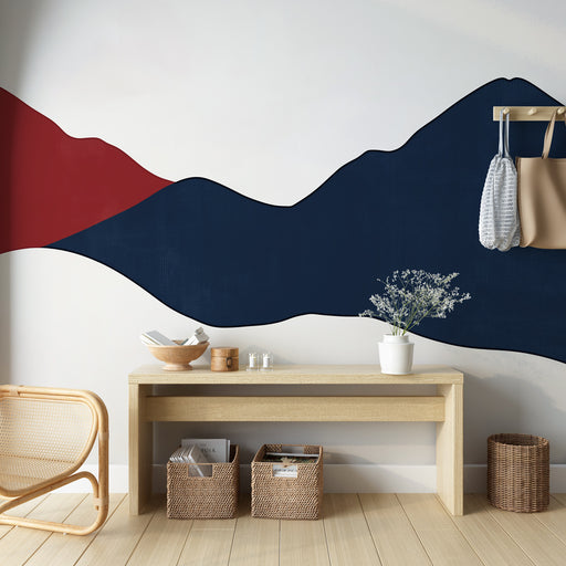 Papier peint montagnard design abstrait avec formes organiques en rouge et bleu pour salon moderne