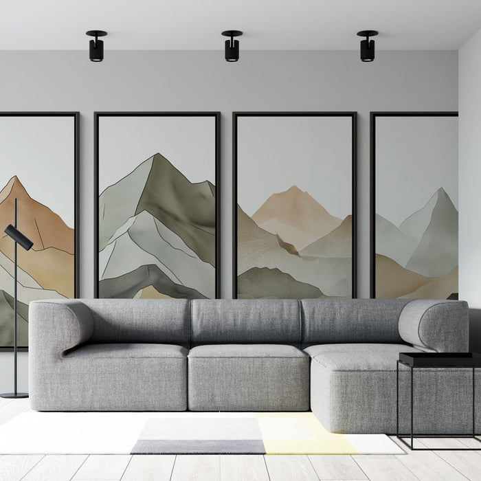 Un salon contemporain avec un papier peint représentant des montagnes aux teintes douces et naturelles, créant une atmosphère apaisante et harmonieuse.