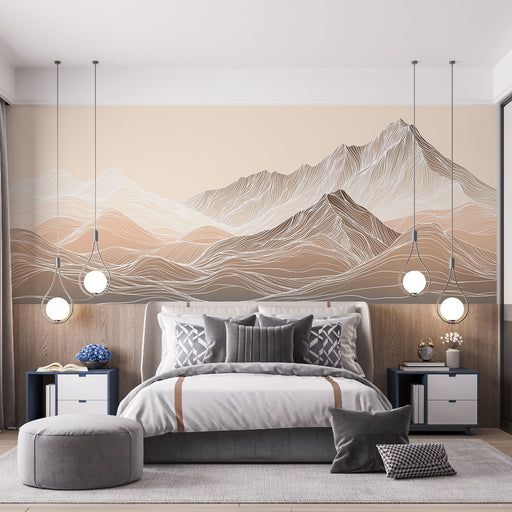 Une chambre moderne avec un papier peint représentant des montagnes stylisées en lignes fines sur un fond beige, créant une atmosphère apaisante et élégante.