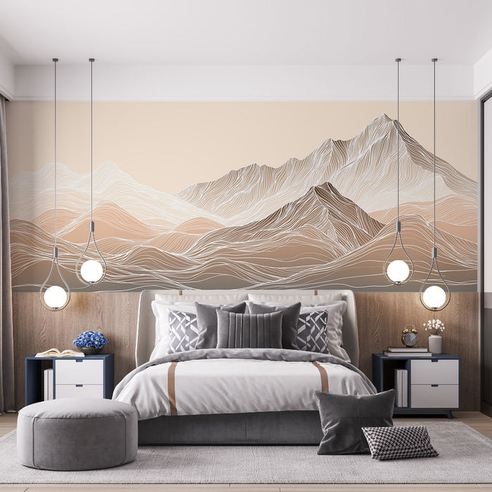 Une chambre moderne avec un papier peint représentant des montagnes stylisées en lignes fines sur un fond beige, créant une atmosphère apaisante et élégante.