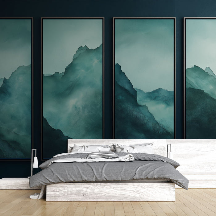 Une chambre moderne avec un papier peint représentant des montagnes en dégradés de bleu et vert, créant une atmosphère apaisante et contemplative.