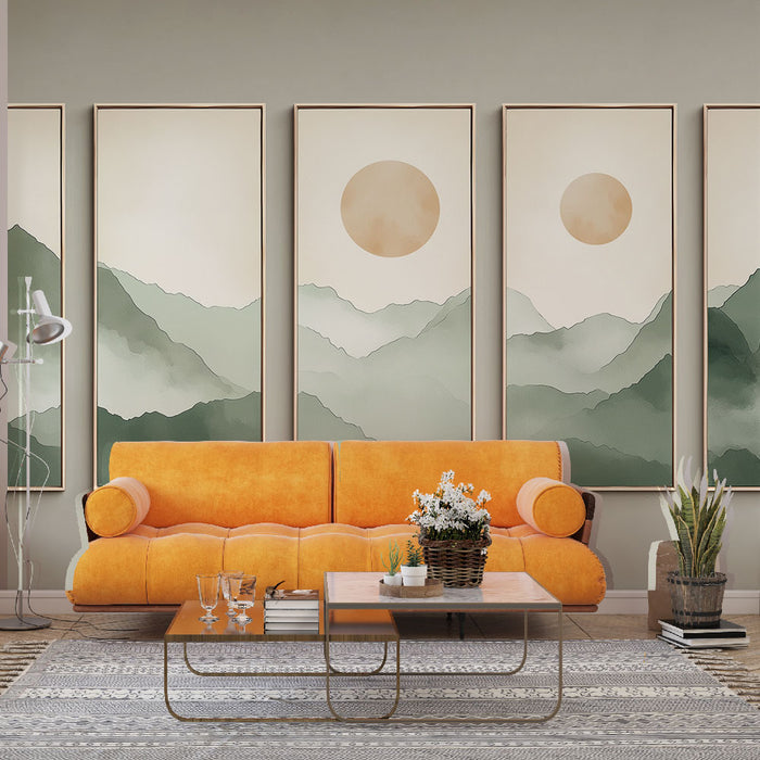 Un salon contemporain avec un papier peint représentant des montagnes en dégradés de vert et des soleils doux, créant une atmosphère apaisante et naturelle.