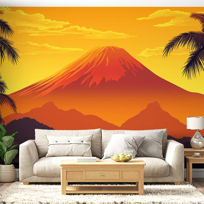 Papier peint montagne au coucher de soleil | Paysage tropical vibrant