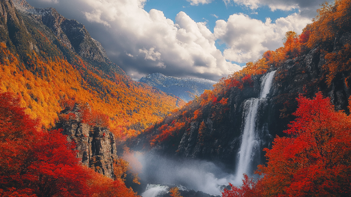 Papier peint montagne automnale Chutes d'eau et feuillage flamboyant