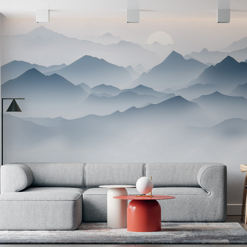 Papier peint montagne | Paysage brumeux avec couché de soleil