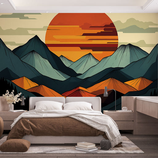 Papier peint montagne coucher de soleil sur des sommets colorés pour chambre moderne