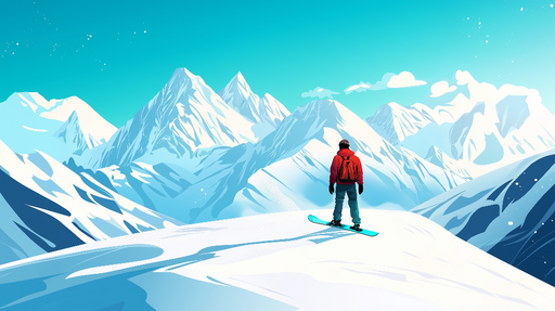 Papier peint montagne enneigée Un snowboarder contemplant un paysage alpin lumineux