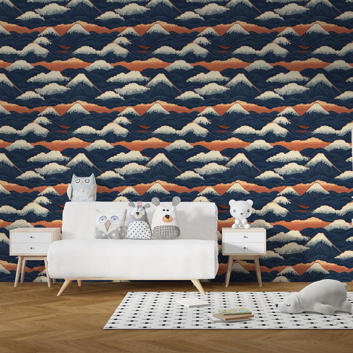 Une pièce moderne avec un papier peint représentant des montagnes stylisées sur fond bleu nuit, créant une ambiance apaisante et artistique.