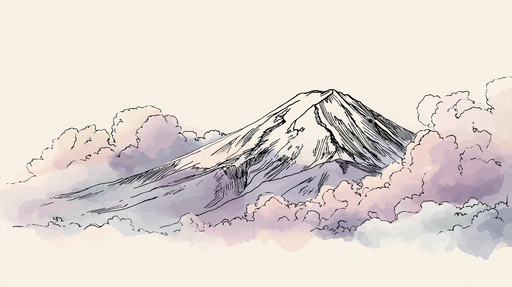 Papier peint montagne et nuages Volcan dans un paysage nuageux pastel