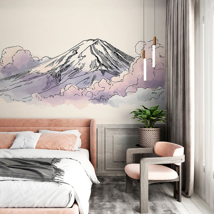Une chambre élégante avec un papier peint représentant une montagne stylisée entourée de nuages pastel, créant une atmosphère apaisante et rêveuse.