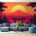 Un salon moderne avec un papier peint représentant un paysage japonais au coucher de soleil, mêlant des teintes orange et violettes, évoquant sérénité et contemplation.