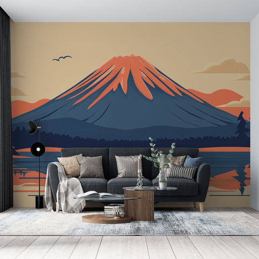 Un salon moderne avec un papier peint illustrant un majestueux volcan aux teintes bleu et rouge, créant une atmosphère apaisante et inspirante.