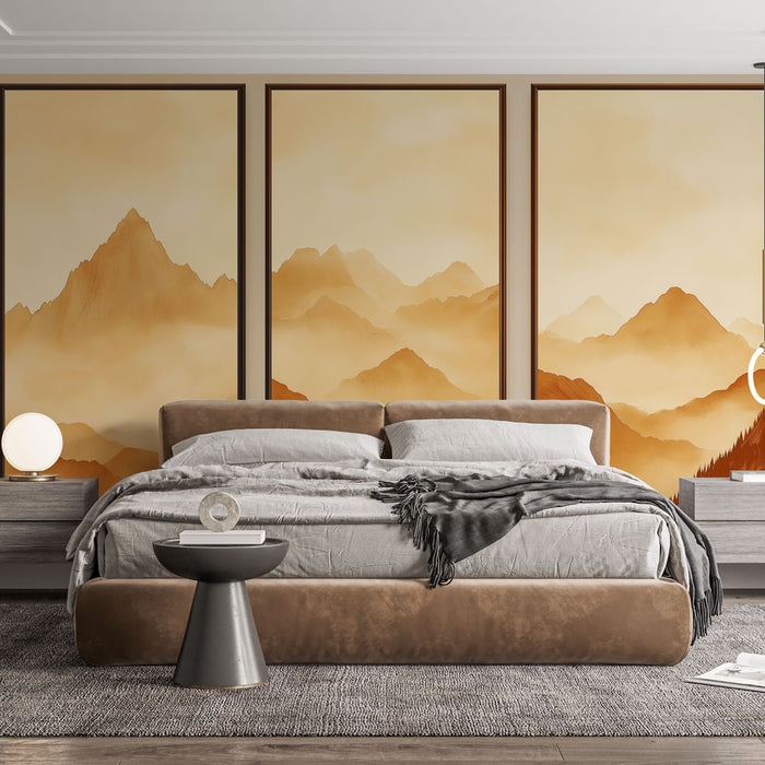 Une chambre moderne avec un papier peint représentant des montagnes dans des teintes douces de beige et d'orange, créant une atmosphère apaisante et chaleureuse.