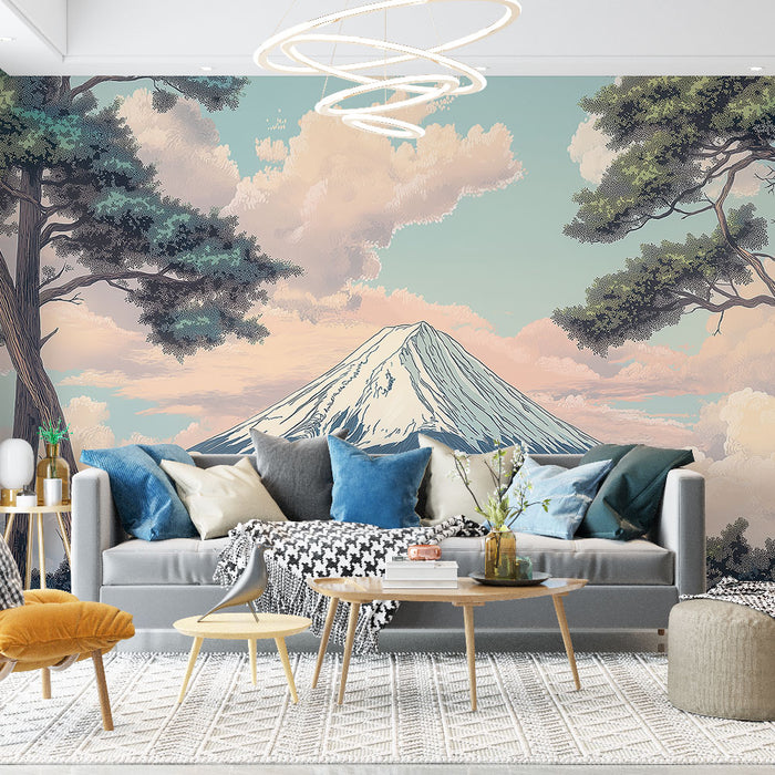 Un salon contemporain avec un papier peint illustrant le Mont Fuji sous un ciel pastel, créant une atmosphère apaisante et inspirante.