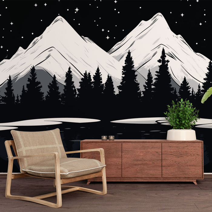 Papier peint montagne nocturne | Paysage de montagnes enneigées sous un ciel étoilé