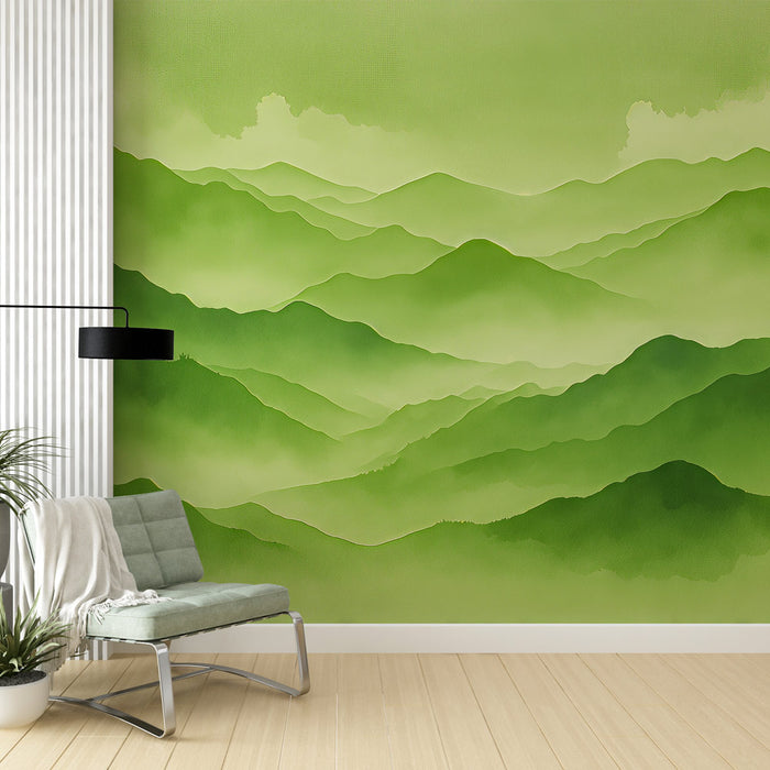 Une chambre moderne avec un papier peint représentant des montagnes en dégradé de verts, créant une atmosphère apaisante et naturelle.