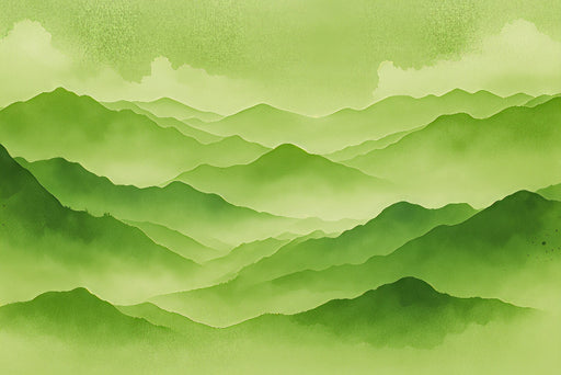 Papier peint représentant des montagnes en dégradé de verts doux, créant une atmosphère apaisante et naturelle, idéale pour une décoration zen.