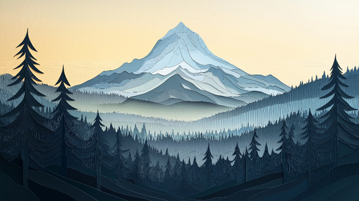 Papier peint montagne Paysage de montagne en papier découpé avec arbres et brume