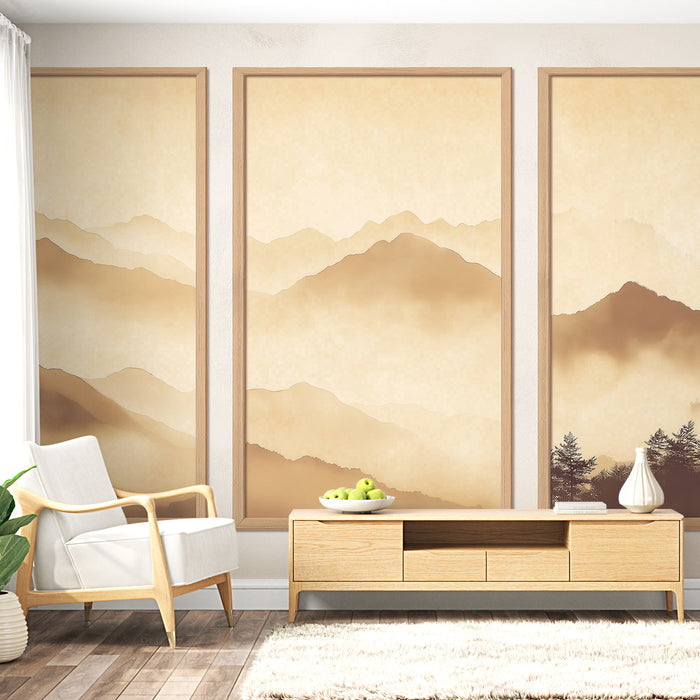 Papier peint montagne | Paysage de montagnes brumeuses en dégradés de beige