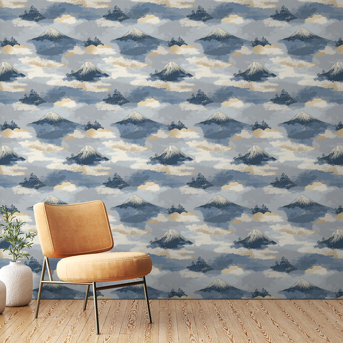 Une pièce moderne avec un papier peint représentant des montagnes majestueuses sur fond bleu, créant une atmosphère apaisante et inspirante.