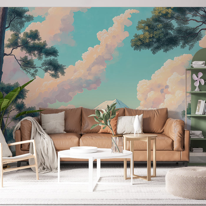 Un salon moderne avec un papier peint représentant un ciel pastel orné de nuages doux et de feuillages luxuriants, créant une atmosphère sereine et poétique.