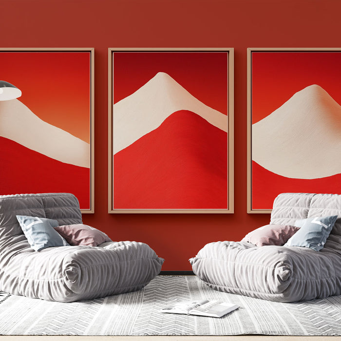 Papier peint montagne rouge | Paysage abstrait en nuances de rouge et blanc