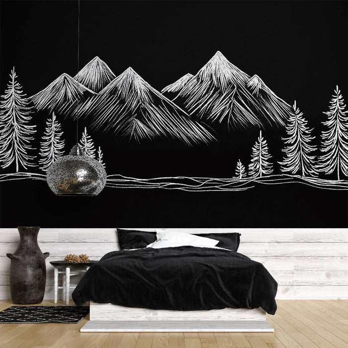 Une chambre moderne avec un papier peint noir illustrant des montagnes et des arbres en blanc, créant une atmosphère à la fois élégante et apaisante.