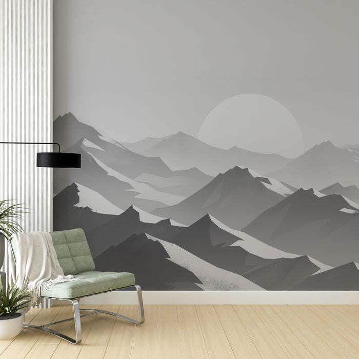 Une pièce moderne avec un papier peint représentant des montagnes en dégradé de gris, créant une ambiance calme et minimaliste.