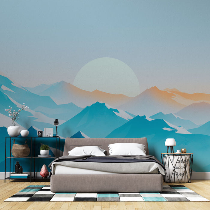 Une chambre moderne avec un papier peint représentant des montagnes stylisées en dégradé de bleu et d'orange, créant une ambiance sereine et apaisante.