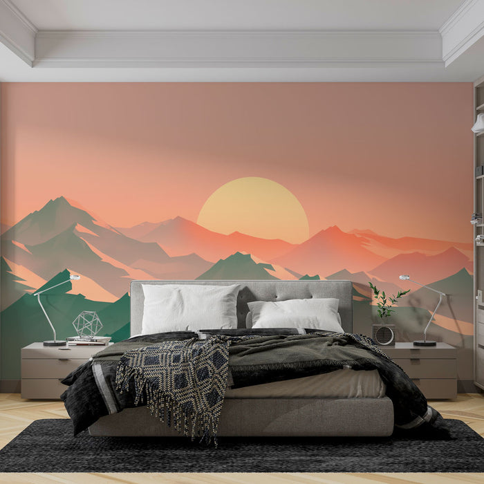 Une chambre moderne avec un papier peint représentant des montagnes stylisées au coucher de soleil, créant une atmosphère apaisante et chaleureuse.