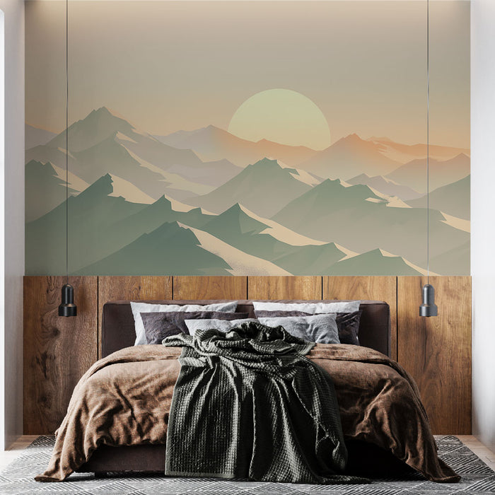 Une chambre moderne avec un papier peint représentant des montagnes stylisées dans des teintes douces de vert et de beige, créant une ambiance sereine et apaisante.
