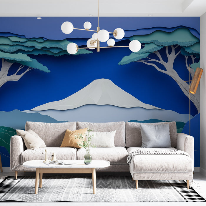 Papier peint paysage montagne stylisé avec sommet enneigé pour salon moderne
