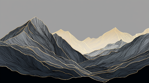 Papier peint montagnes abstraites Contours en or sur des nuances de noir et gris