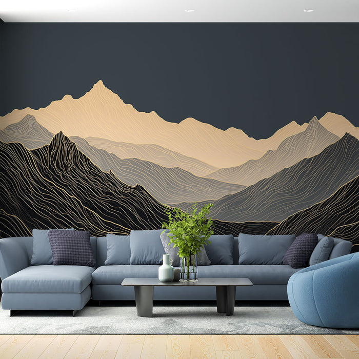 Un salon moderne avec un papier peint représentant des montagnes stylisées en tons beige et noir, créant une atmosphère élégante et apaisante.