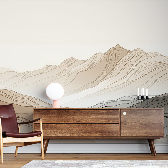Une pièce moderne avec un papier peint représentant des montagnes stylisées en dégradés de beige et de marron, créant une atmosphère apaisante et élégante.