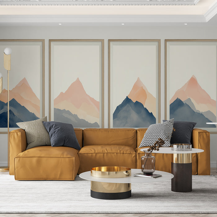 Un salon contemporain avec un papier peint représentant des montagnes aux teintes douces de rose et bleu, créant une atmosphère apaisante et élégante.