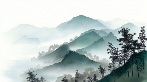 Papier peint montagnes brumeuses Paysage apaisant avec des collines et du bambou