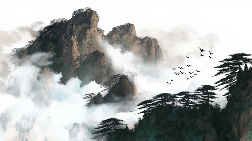 Papier peint montagnes brumeuses Paysage majestueux avec des cimes escarpées et des arbres séculaires